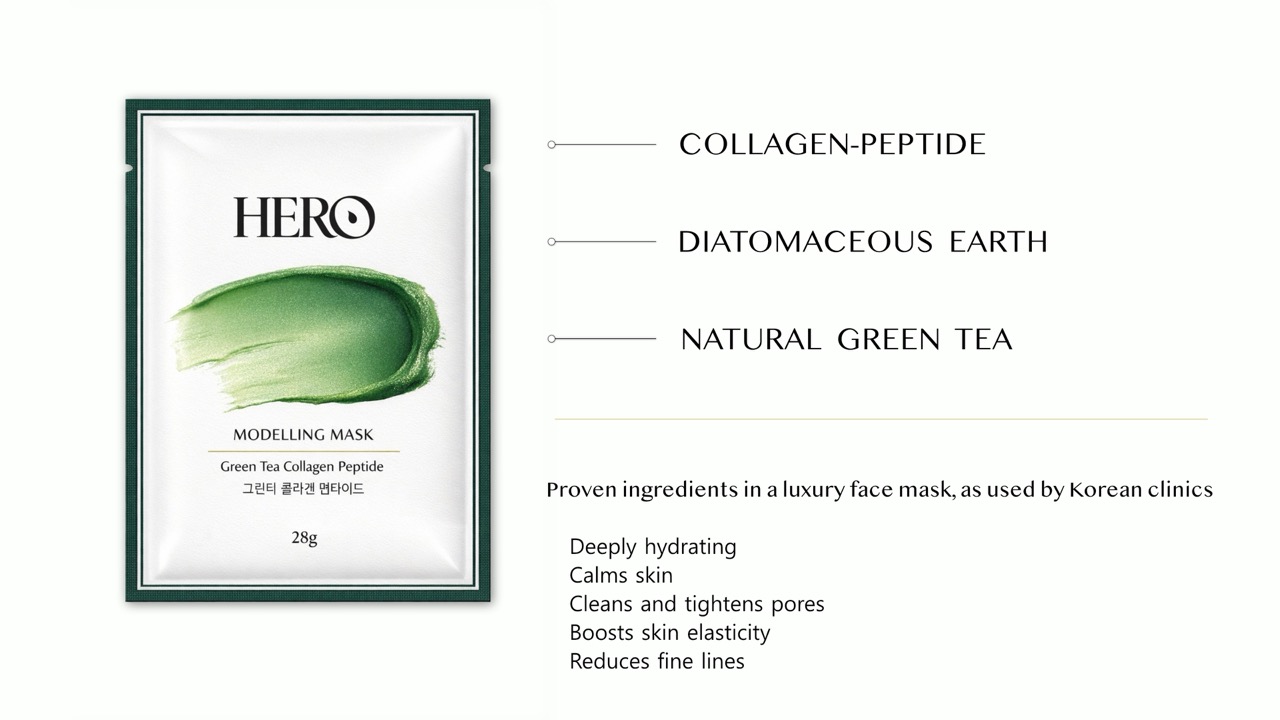 HERO Modelling Mask - Green Tea Collagen Peptide. Key ingredients: collagen-peptide, diatomaceous earth, natural green tea. Proven ingredients in a luxury face mask, as used by Korean clinics. Deeply hydrating, calms skin, cleans and tightens pores, boosts skin elasticity, reduces fine lines.